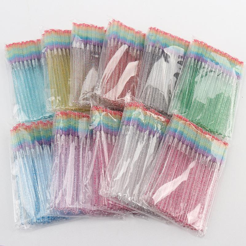 Rainbow Crystal Rod Makeup Brushes & Eyebrow Comb Set - 50 pcs, with Eyelash Curler and Brush.