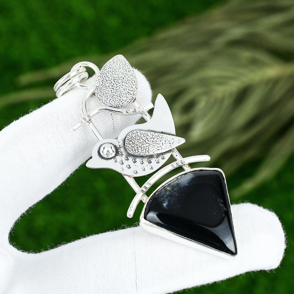 925 Silver Trillion Sardonyx Gemstone Art Deco Wife Unique Boho Pendant Jewelry