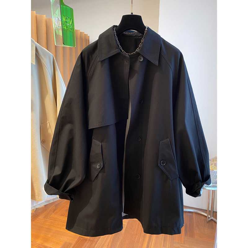Women's Oversized Short Trench Coat with Lapel Collar and Single Breasted Design