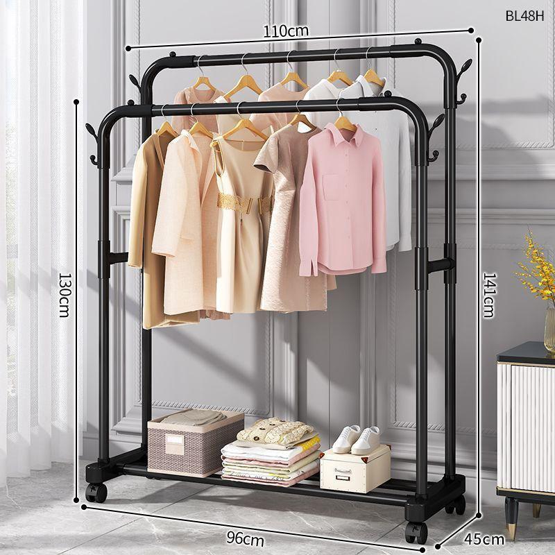 Plastic Floor-Standing Balcony and Bedroom Clothes & Hat Rack, with Folding Drying Pole and Storage.