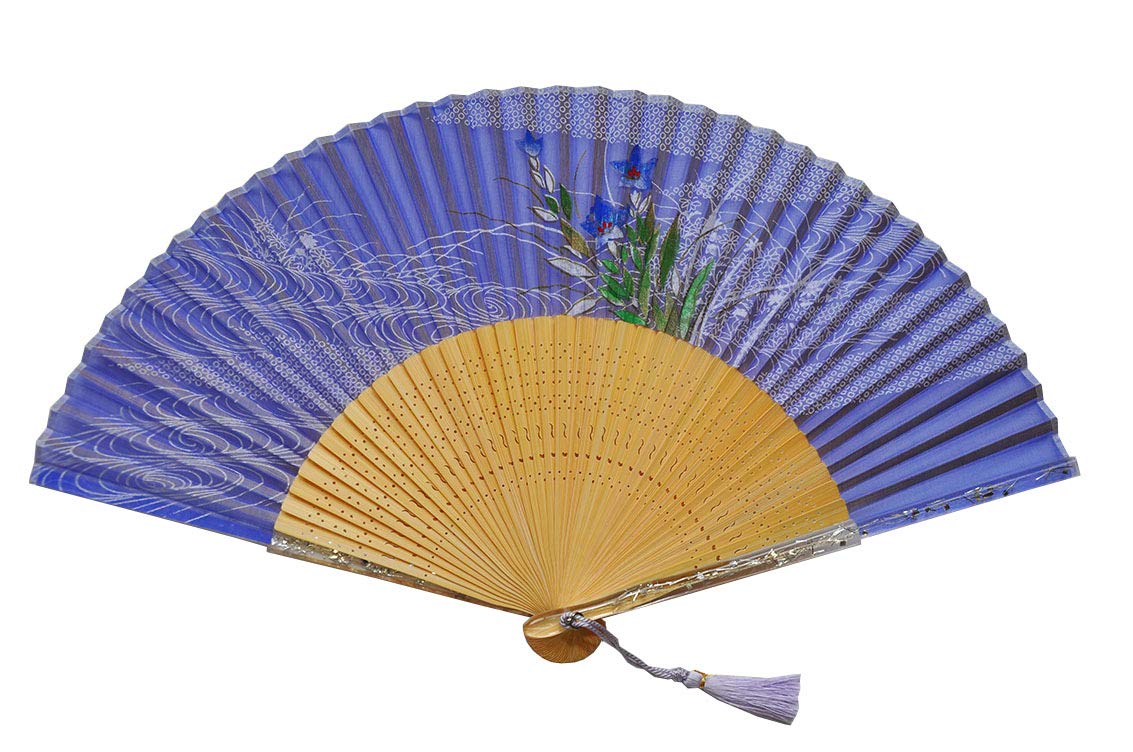 Kyoto-style folding fan, women s thin silk fan, bellflower pattern, made in Japan, navy blue.