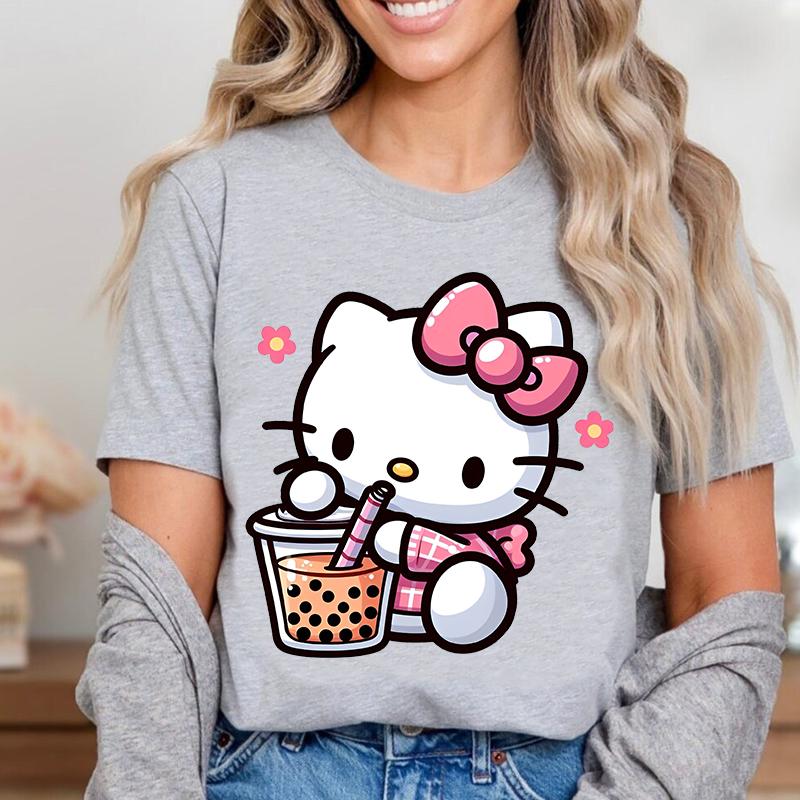 Hello Kitty Drinking Pearl Milk Tea Printed Womens Tshirt Cotton Shortsleeved Casual Top Personalized Womens Clothing