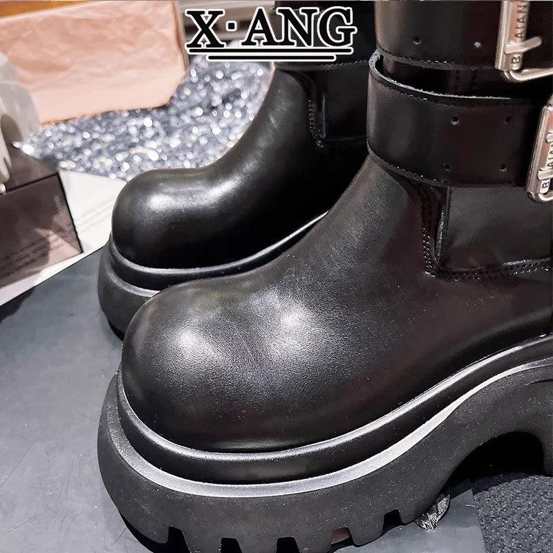 Leather Martin Boots Women's Thick-soled Heightened and Thin Small Chelsea Short Boots Cigarette Boots Medium Boots Locomotive Boots