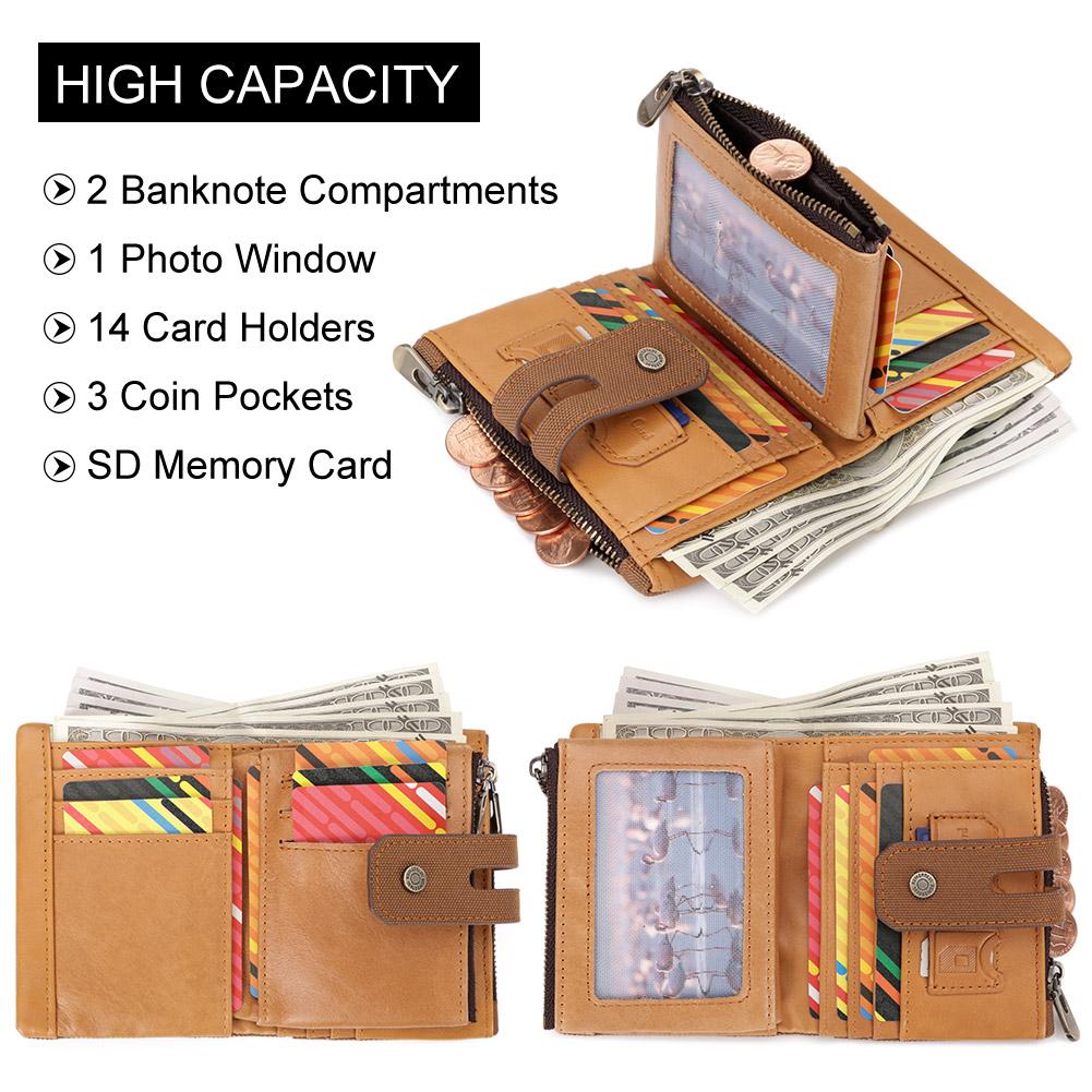 HUMERPAUL Men cowhide wallet Oxford cloth RFID anti-theft credit card bag coin purse with chain wallet with photo window