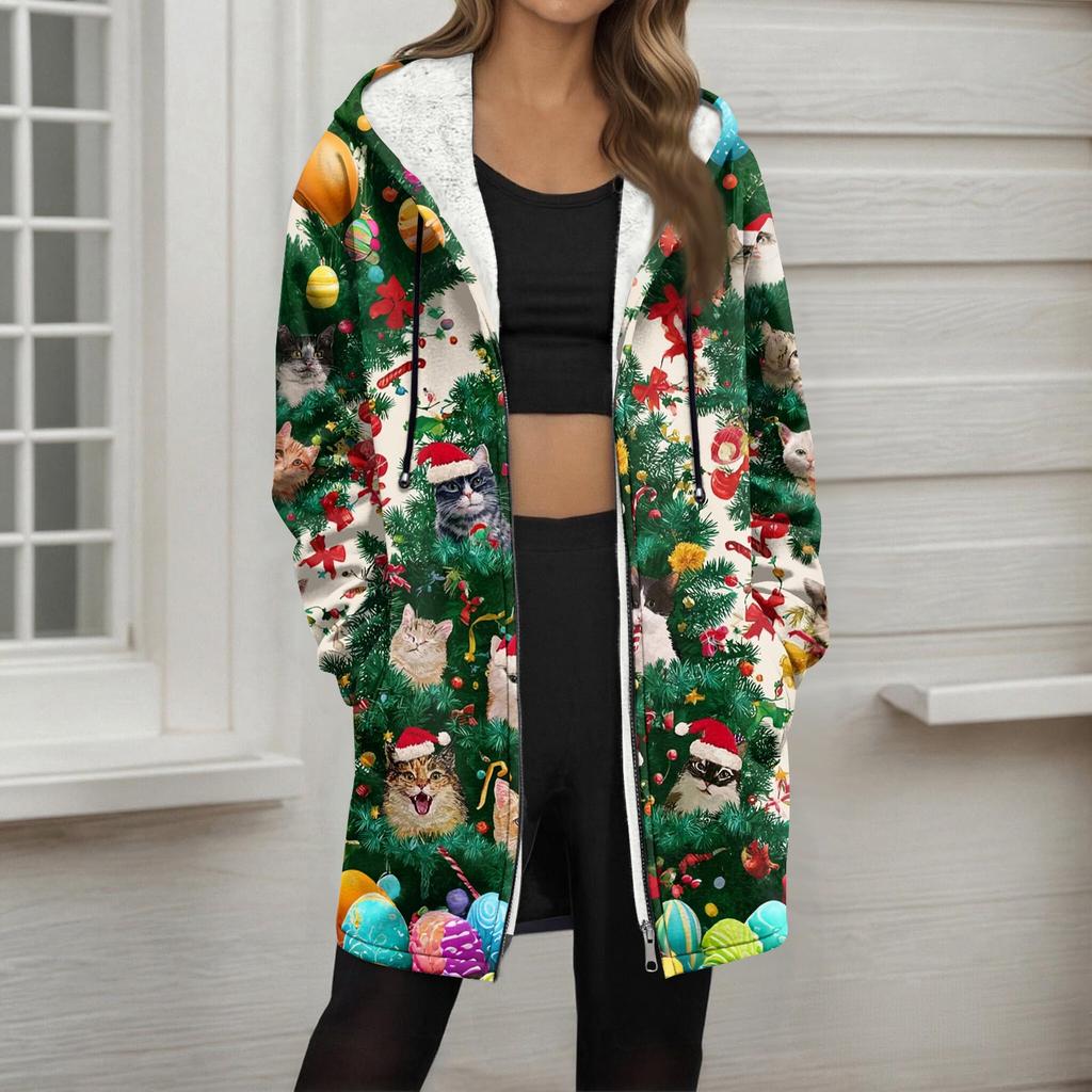 Women's Christmas Printed Fashionable Loose Zipper Fleece Hoodie Jacket