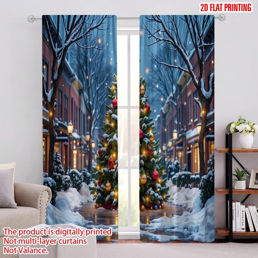Tonnika Chen Set Of 2 Flat Printing Merry Christmas Popular Drapes Trees Festivals Fabric Without Electricity Versatile Home Curtain Polyester