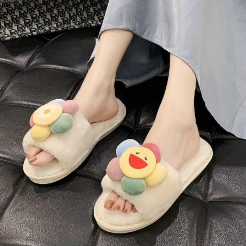 

мода 2024 Зима Новые женские домашние красочные тапочки из пушистого меха и хлопка, украшенные цветами 42-43 белый