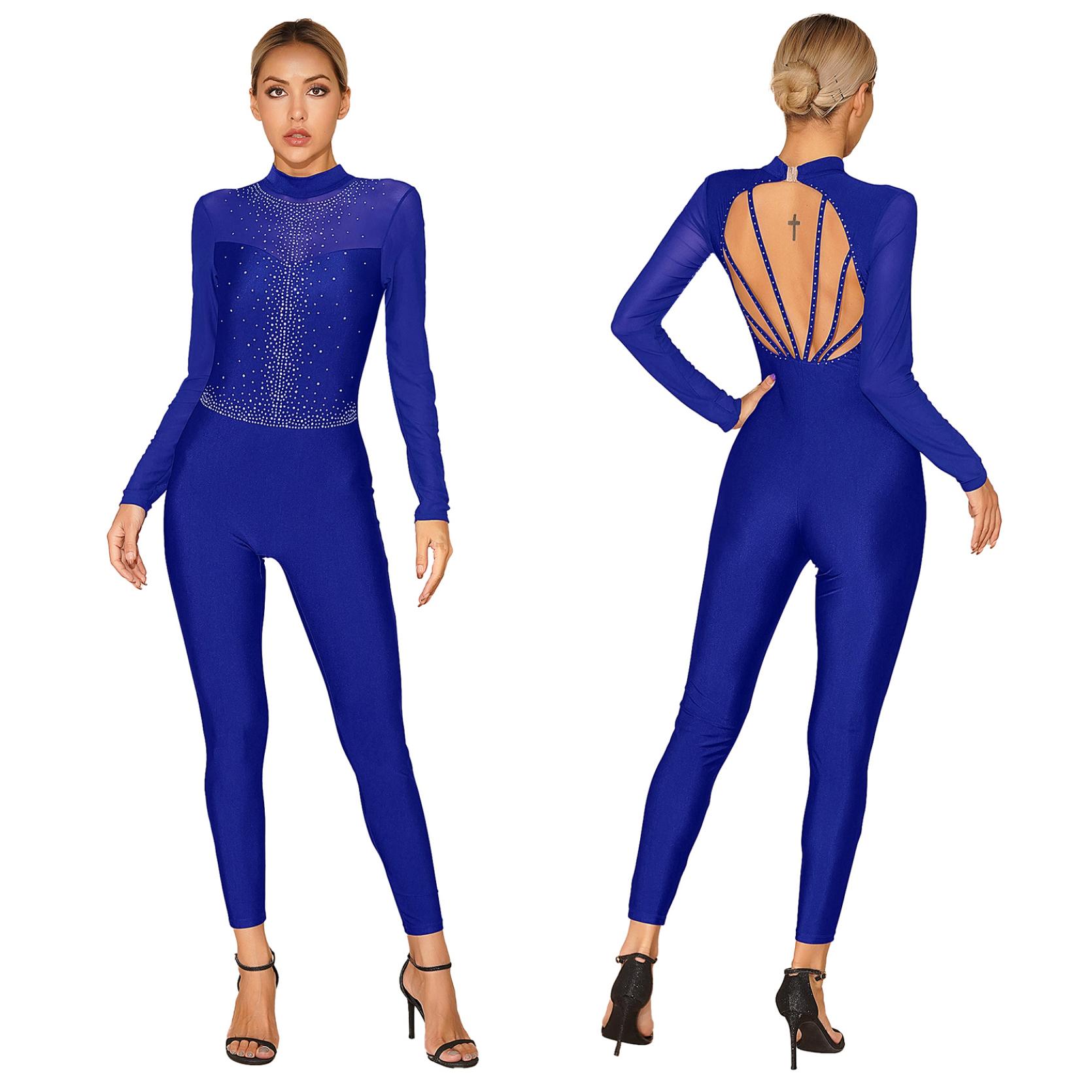 Body da ginnastica per donna Danza Unitard Manica lunga Glitterata Figura Pattinaggio su ghiaccio Tuta Costume di scena L colore blu royal