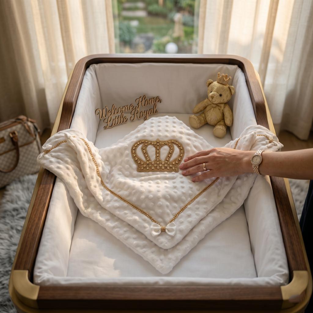 Păturică Bebeluși Brodată cu Coroană Regală Moale Puncte Minky Pătură de Primire Nou-născut Lanț Auriu Fundiță Cadou Regal pentru Baby Shower Lux Confort 80CM X 80CM auriu