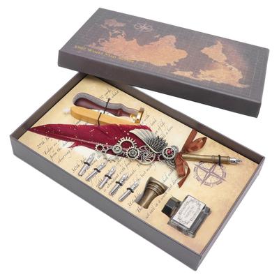 Feather Pen Ink Set Smoother Writing Quill Pen Brass Base Beautiful Packaging Vintage Dip Pen Set with 5 Replacement Nib