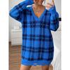 Womens Winter Knit Dress Loose Fit V-Neck Long Sleeve Plaid Color Block Midi Sweater