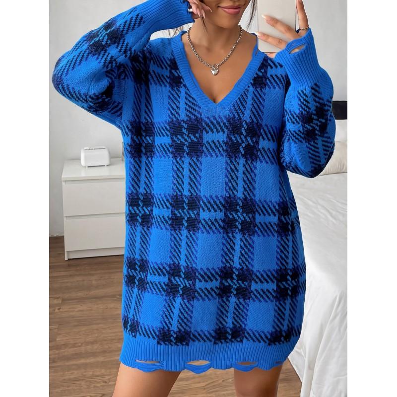 Womens Winter Knit Dress Loose Fit V-Neck Long Sleeve Plaid Color Block Midi Sweater