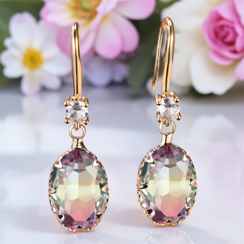 Oval Stone Rainbow Crystal Long Dangle Earrings For Women Vintage Gold Color Multicolor Zircon Drop Earring Wedding Jewelry Gift