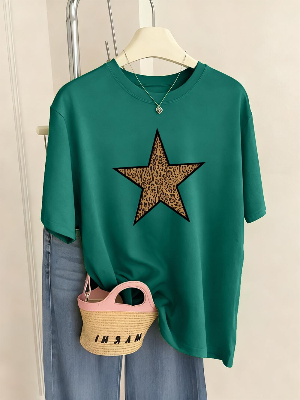 

Leopard Pentagram Prints TShirts Women Summer ONeck Short Sleeve Tops Comfortable Loose T Shirts Basics Soft Womans Clothes 4XL