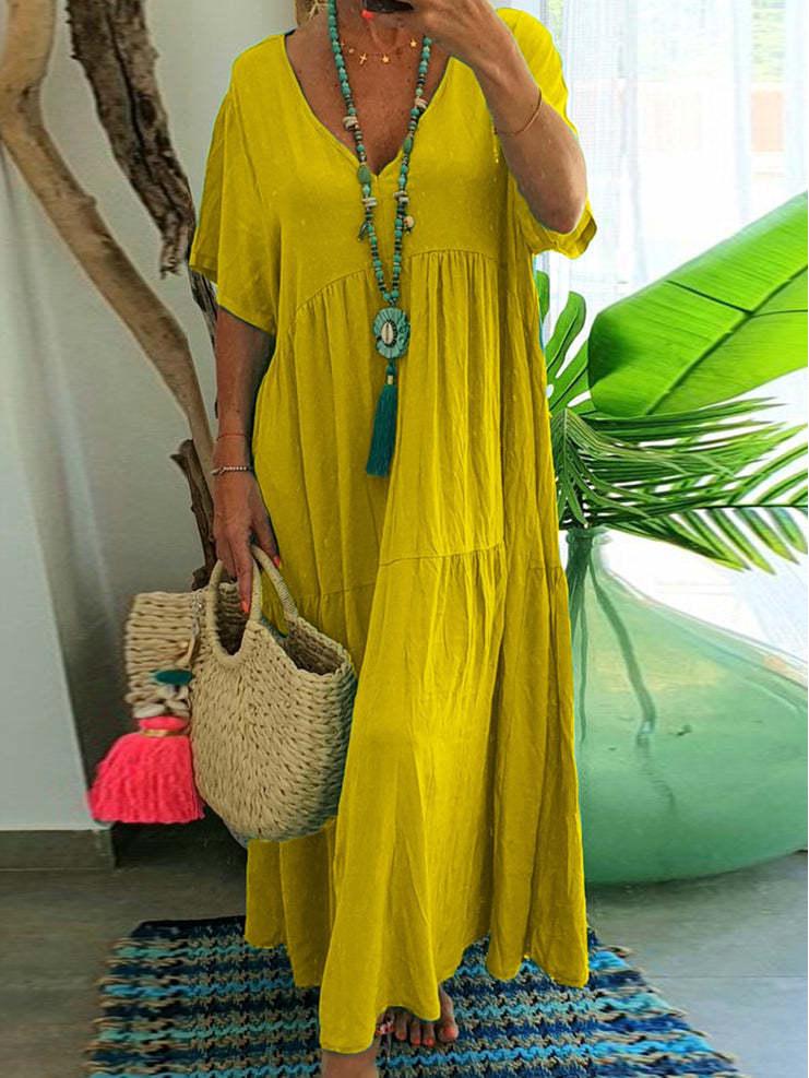 New V-Neck Irregular Multicolor Long Swing Dress - Available in Multiple Sizes