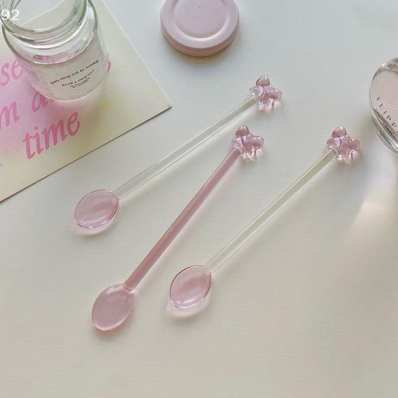 Cuillère à café en verre avec nœud rose, Cuillère à mélanger pour dessert/thé au lait à long manche, Cuillère à café résistante à la chaleur, Outil de cuisine domestique.