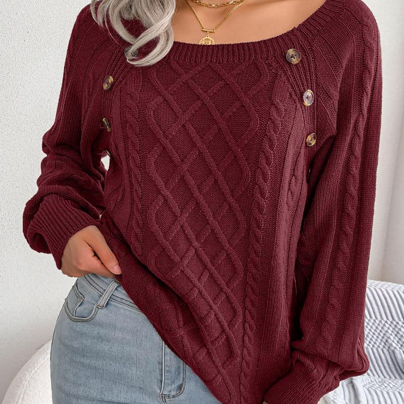 Women Warm Knitted Sweater Autumn Winter Casual Square Collar Studded Button Twist Knit Pullover Jumpers