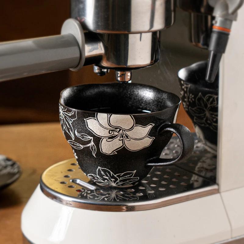 High End Creative Black Ceramic Coffee Cups Home Exquisite Flowers Irregular Coffee Cup Unique Afternoon Tea Pot Holiday Gifts