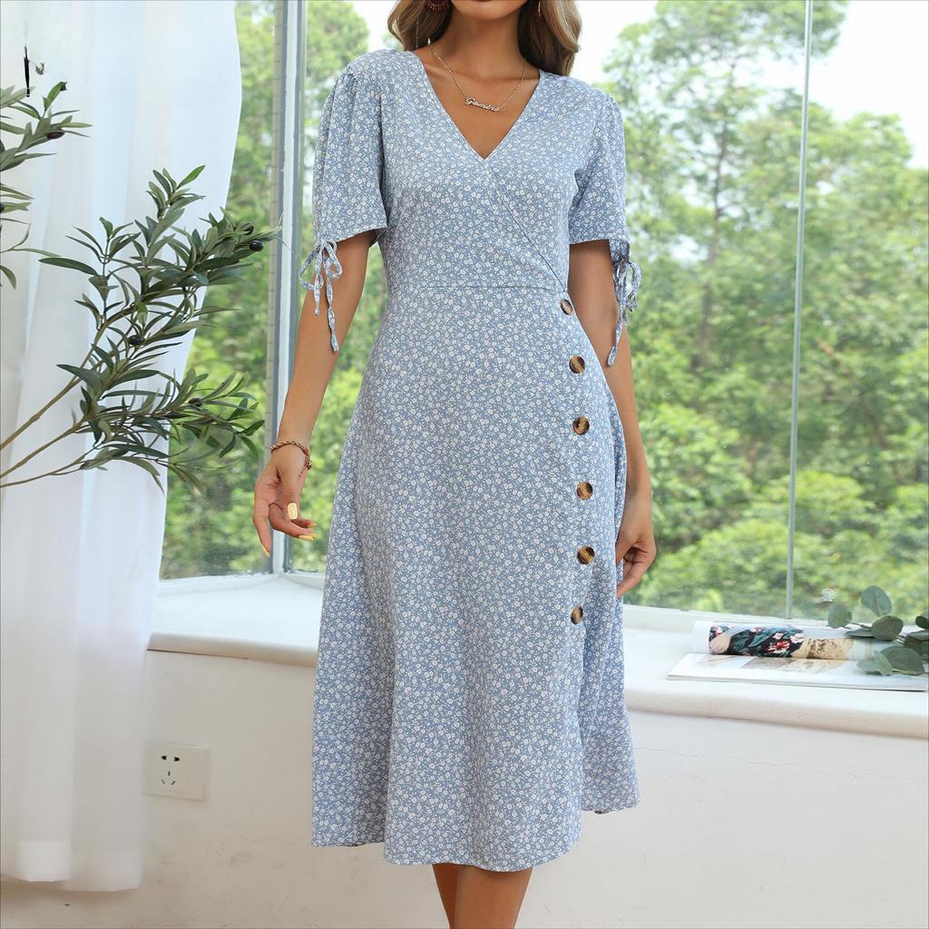 Women's Fashion Floral Print Summer Short Sleeve V-Neck Casual Dresses