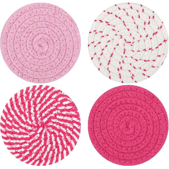 4PCS Round Cotton Coasters, Handmade Woven Drink Coasters, Minimalist Absorbent Coaster for Tabletop Protection and Home Decor, Bohemian Coaster for