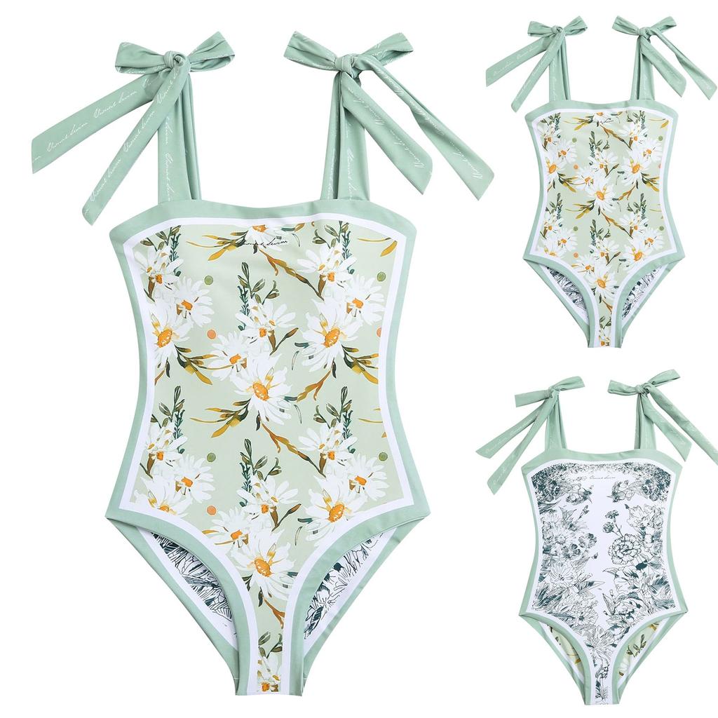 Women's Vintage Style One Piece Swimsuit Double Sided Wear Floral Print Adjustable Shoulder Tie Straps Retro Design