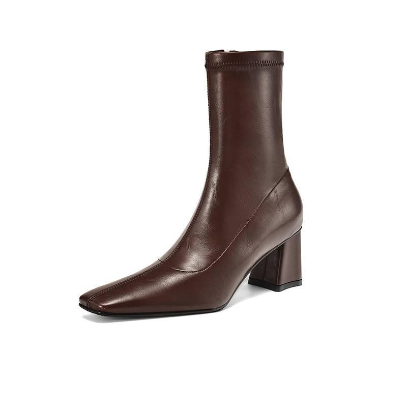 New Women's Versatile Solid Color High Heel Women's Boots Coarse Heel Comfortable Zipper Square Head Knight Boots Autumn and Winter Medium Boots Wome