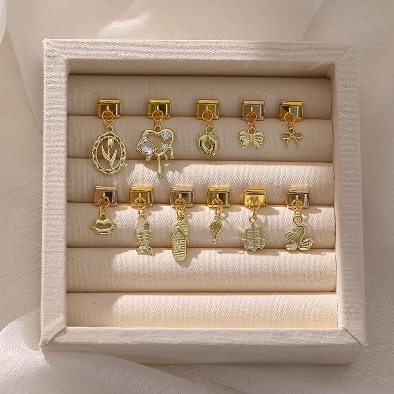 Gold Color Heart Lips Bow Knot Rose Swan Fishbone Pendant Charm Links Fit 9mm Stainless Steel Bracelet DIY Making Men Women Gift