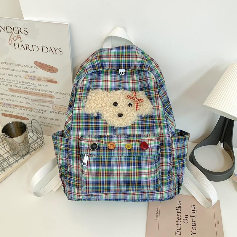 Schoolbag New Fashion Large Capacity Commuter Versatile Backpack Japanese ins Niche Retro Plaid Cute Dog Leisure Bag