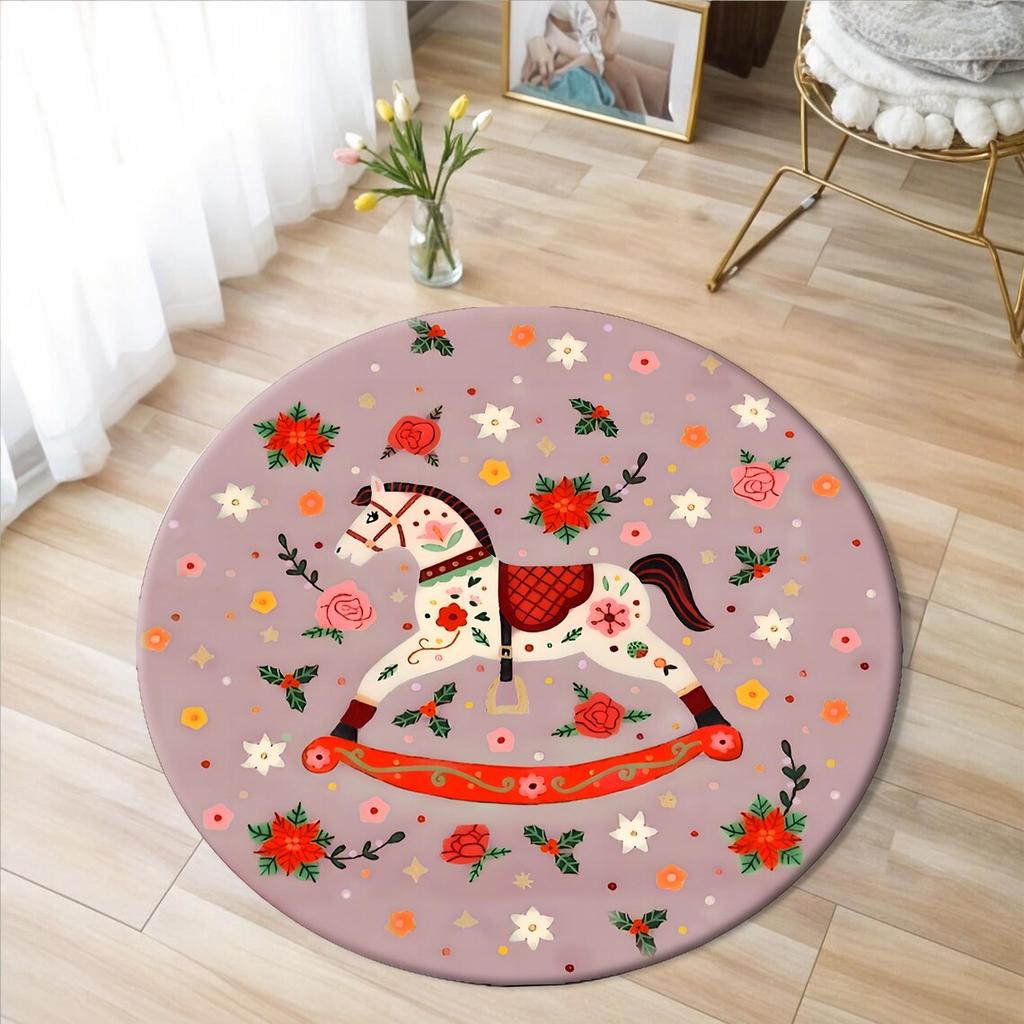 Christmas Horse Printed Circle Carpet for Living Room Decor Ballerina Cartoon Round Rug Sofa Kid Non-slip Floor Mat Rugs