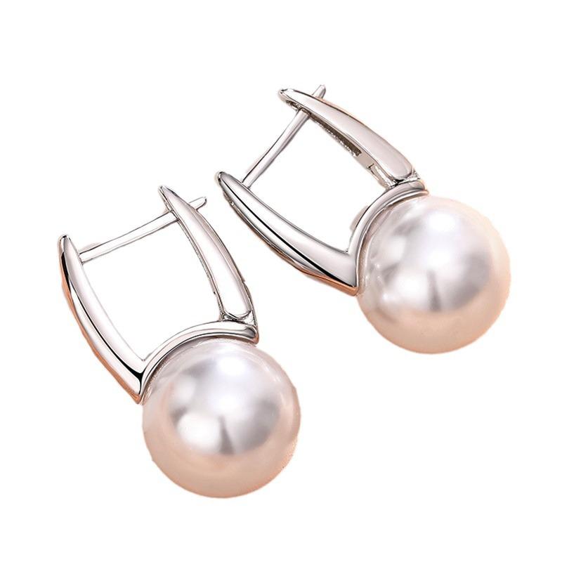 Silver Plated Large Pearl Drop Earrings, Minimalist Leverback Pearl Hoop Earrings for Women