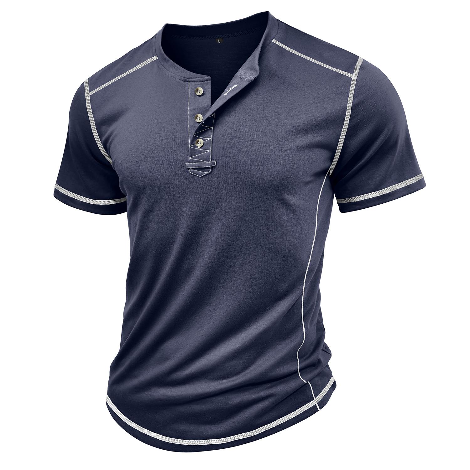 Мужские футболки с воротником-хенли и короткими рукавами, рубашки с цветными блоками из смеси хлопка, летняя повседневная одежда S тёмно-синий