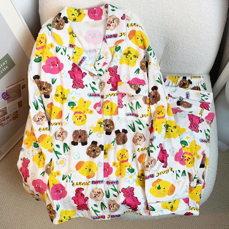 Ensemble de Pyjama Mignon à Carreaux pour Filles Printemps Automne Manches Longues Vêtements de Nuit Décontractés pour Femmes Ample Vêtements d'Intérieur