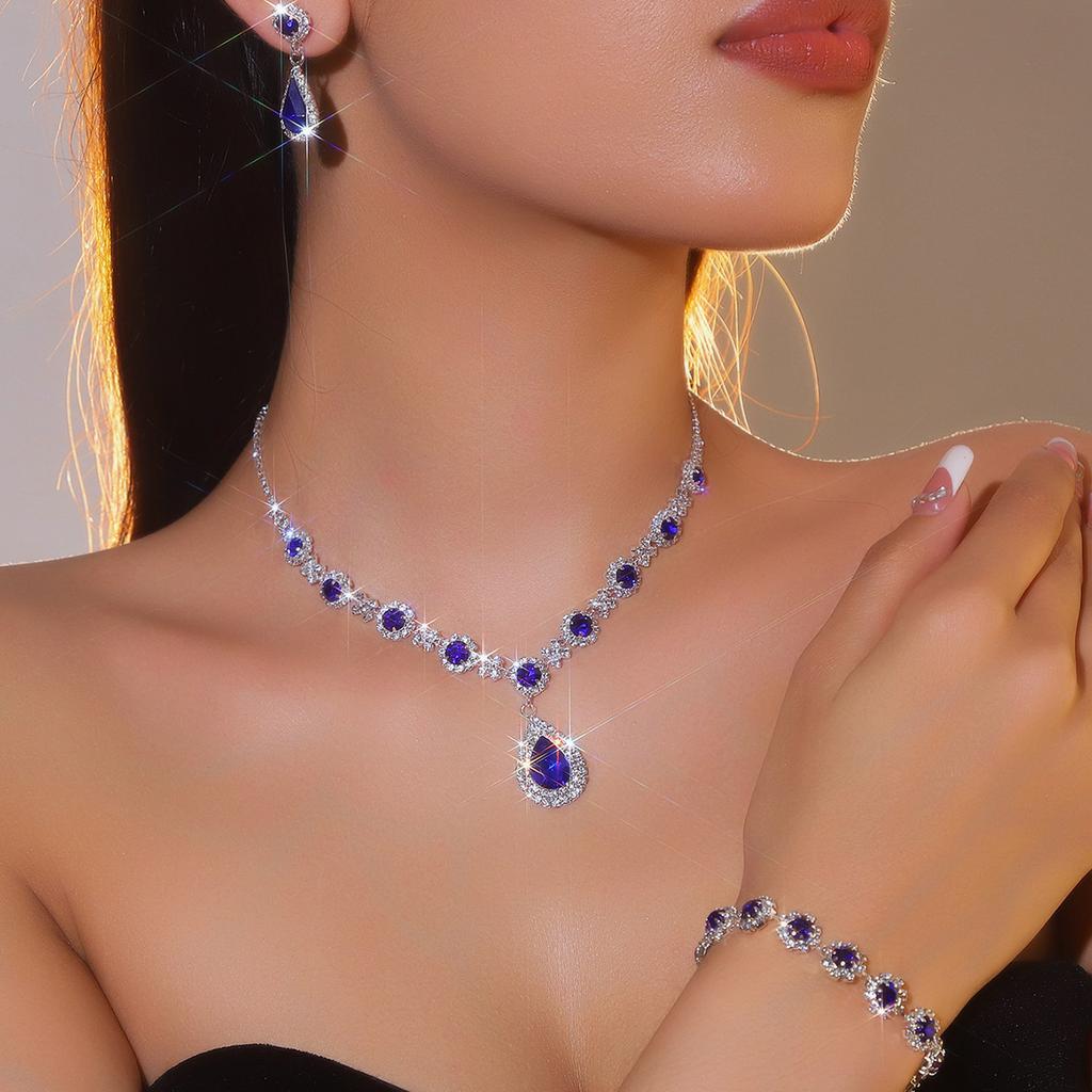 Luxury Sparkling Diamond Exquisite Necklace Earrings Bracelet Three-piece Fashion Water Drop Bridal Jewelry Set