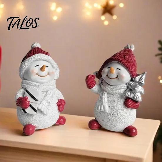 Snowman Collectibles for Christmas 2Pcs Figurine, Cute Tabletop Decor, Resin Snow Statue with Festive Winter Home Decor Knit Hat Scarf Mantel
