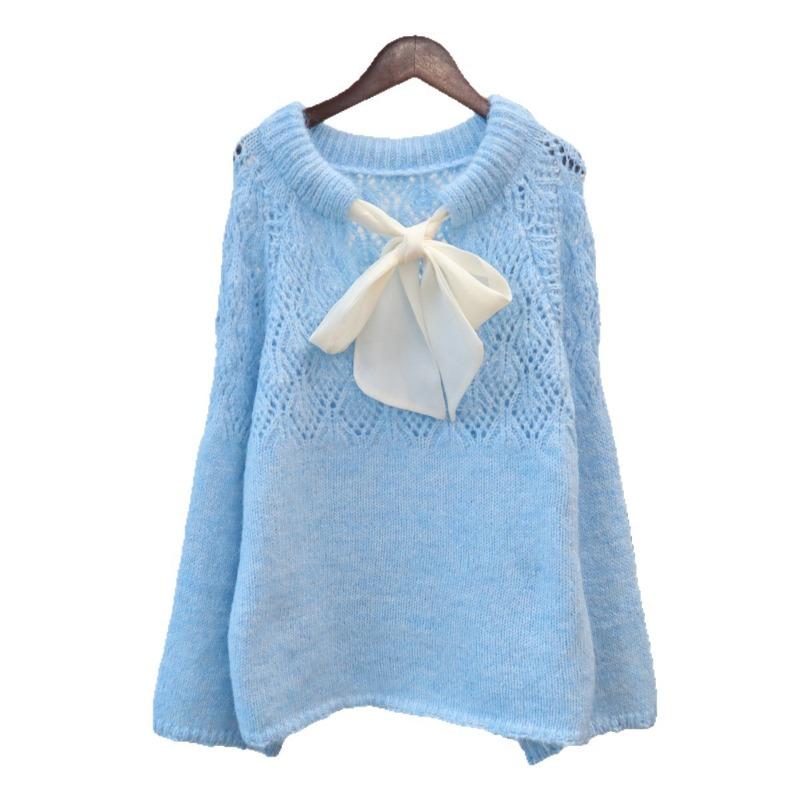 Hollow design lace-up bow sweater pullover autumn and winter new temperament gentle knitted sweater top women