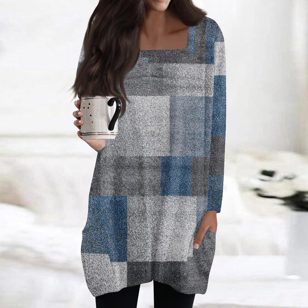 Womens Tops Square Collar Long Sleeve Blouses Casual Mid-length Shirts Fashion Print Tunic Tops With Pockets