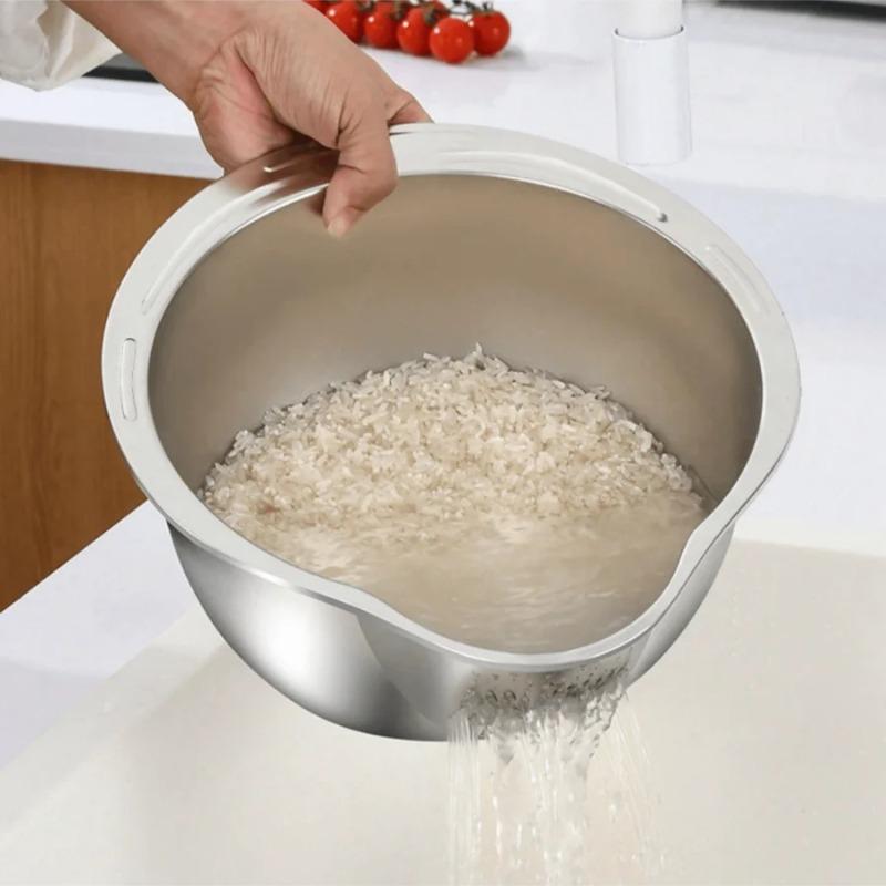 Ciotola per Lavare il Riso in Acciaio Inossidabile con Fori di Drenaggio, Cesta Scolapasta 2 in 1 per Frutta e Verdura per Lavello da Cucina