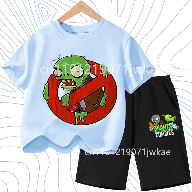 Children's Plants Vs. Zombies Short-Sleeved T-Shirt Set Cotton Summer Fashion Comfortable Top+pants for Boys and Girls