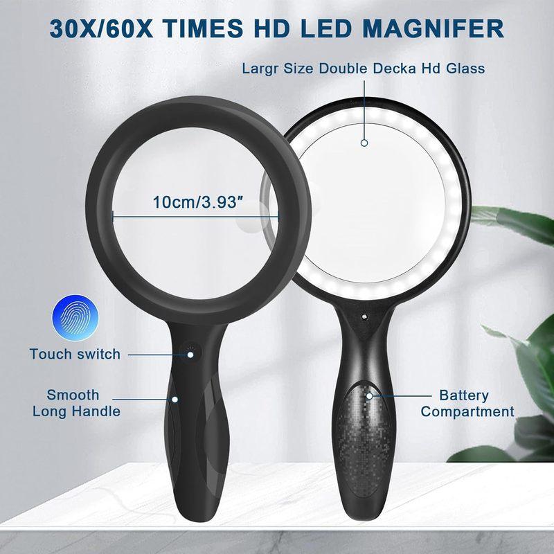 Large Magnifying Glass with Light, 60X 30X Handheld Rechargeable Illuminated  Vision Aid Magnifier for Seniors Reading