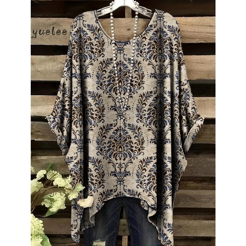 Damenbekleidung Bohemian Floral Tunika Übergröße Damen Bohemian Floralprint Tunika T-Shirt Kurzarm O-Ausschnitt Freizeitkleidung
