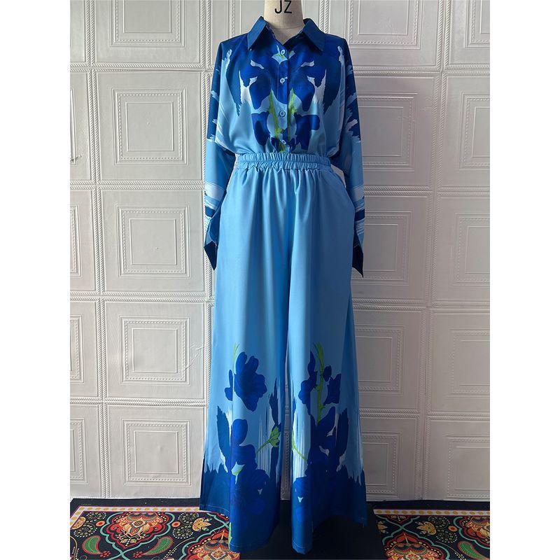 2025 European and American Summer New Ink Painting Positioning Print Long Sleeve Top Wide Leg Pants Fashion Two-piece Set