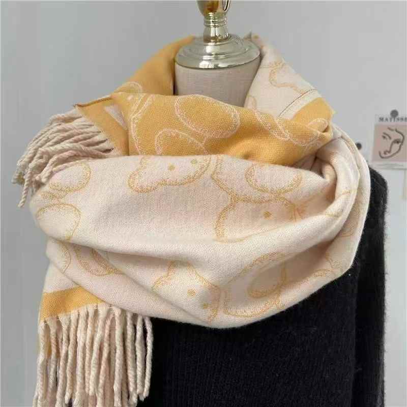 Women's Cute Bear Printed Faux Cashmere Scarf with Tassel Korean Style Versatile Warm Shawl for Winter
