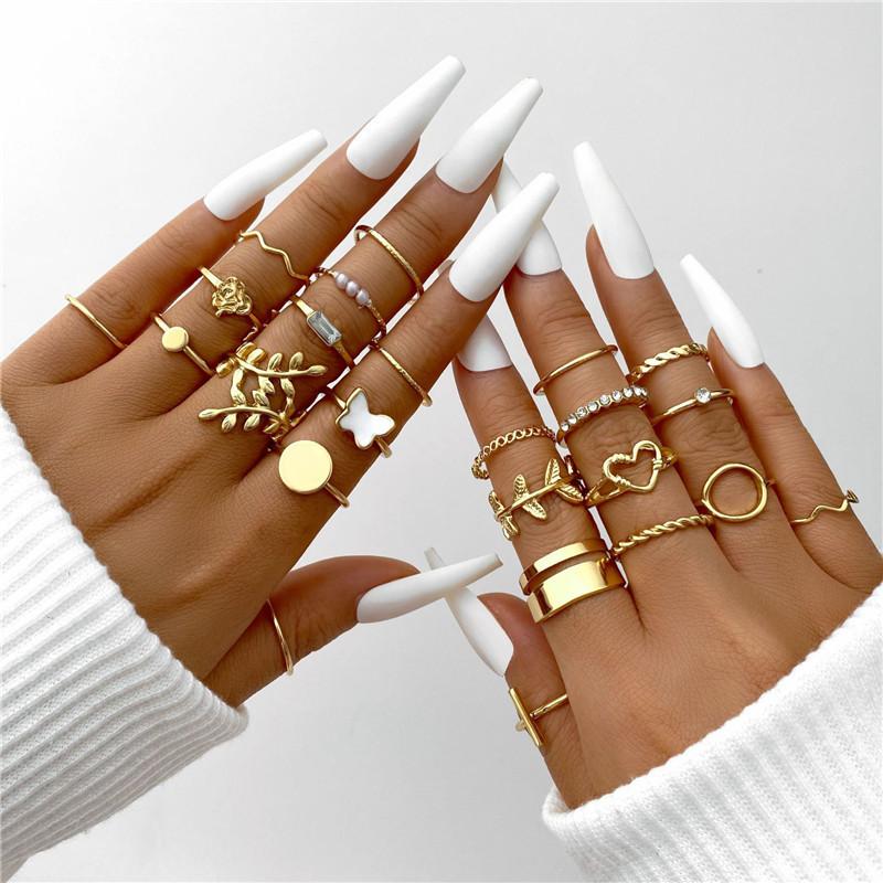 Vintage Gold Color Heart Rings Set For Women Men Hollow Butterfly Pearl Crystal Geometric Rings Trendy Finger Jewelry