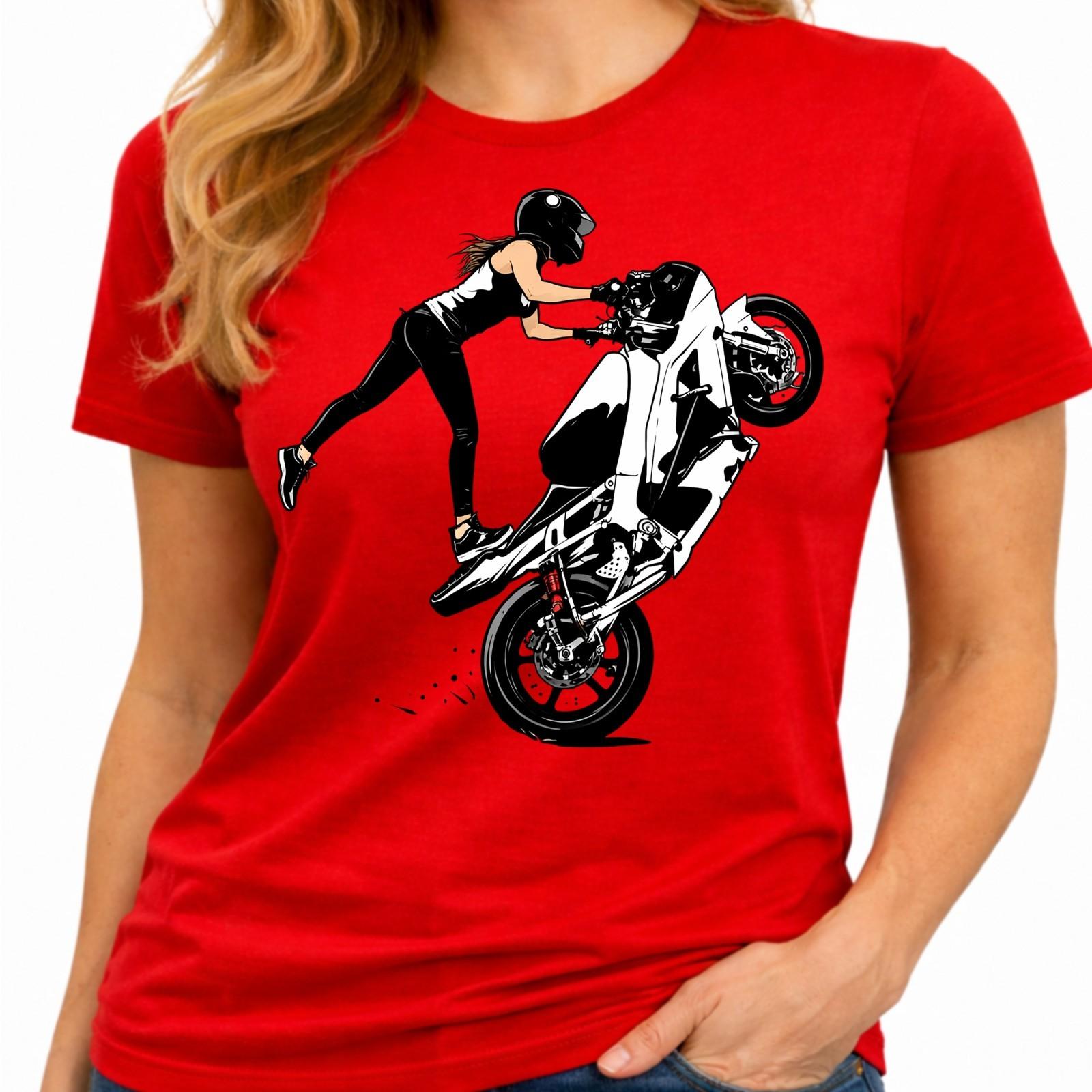 Biker Girl Motorcycle Wheelie Stunt Rider Sportbike Streetwear Graphic T-Shirt. XS