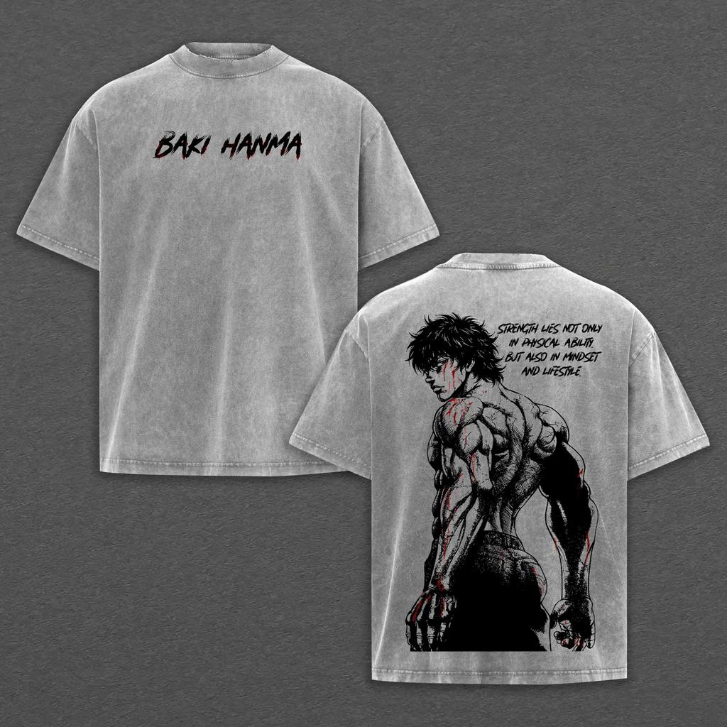Manga Baki Printed T Shirt Vintage Washed Oversized T-shirt Men Clothing Summer Cotton Short Sleeve Tees Clothes