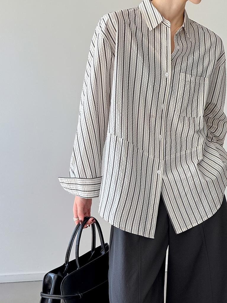 Tachibana, spring new Korean minimalist striped shirt, long-sleeved loose casual retro lapel shirt 111111
