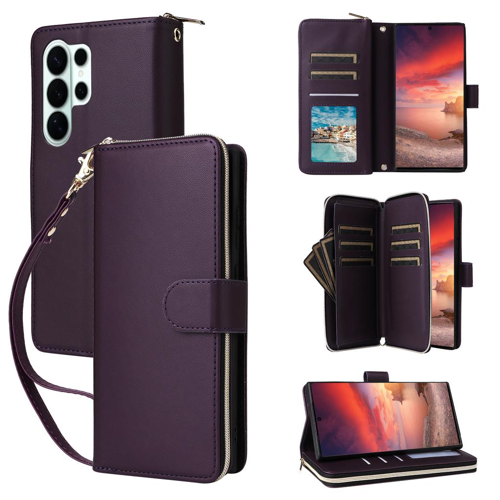 For Samsung Galaxy S26 Ultra Case 9 Card Slots Zipper Pocket PU Leather Phone Cover with Wrist Strap