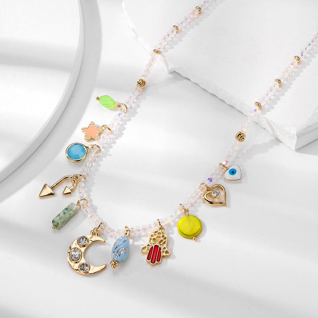 Kenjie Summer Colorful Multi-Pendant Necklace & Bracelet Set: Moon & Star Design for Women.