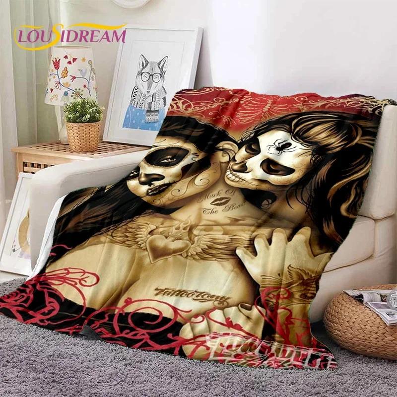 Totenkopf Totes Mädchen 3D Gothic Horror Weiblich Rose Weiche Flanelldecke für Betten Schlafzimmer Sofa Picknick, Überwurfdecke zum Zudecken Freizeit