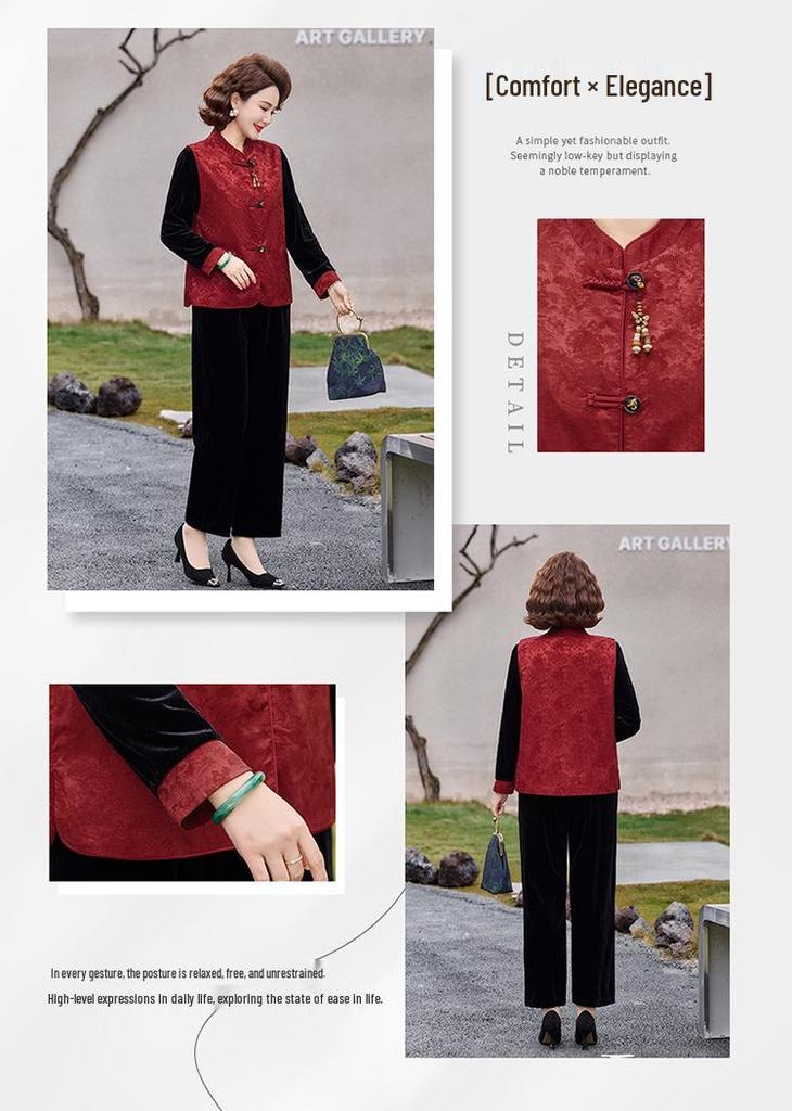 Chinese Style Gold Velvet Plus Size Set for Middle-Aged & Elderly Women - Spring & Autumn Vest for Mother-in-Law Wedding Banquet